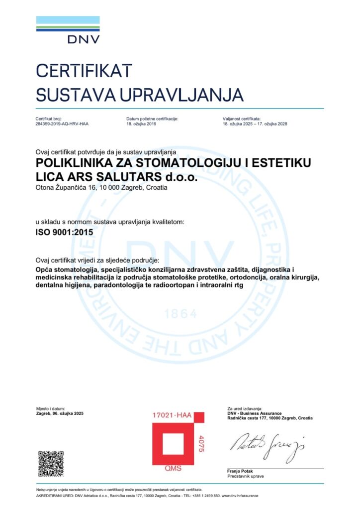 Certifikat ISO 9001:2015 – Stomatološka Poliklinika Ars Salutaris Zagreb
