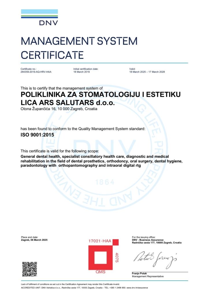 ISO 9001:2015 Quality Management System Certificate – Stomatološka Poliklinika Ars Salutaris Zagreb
